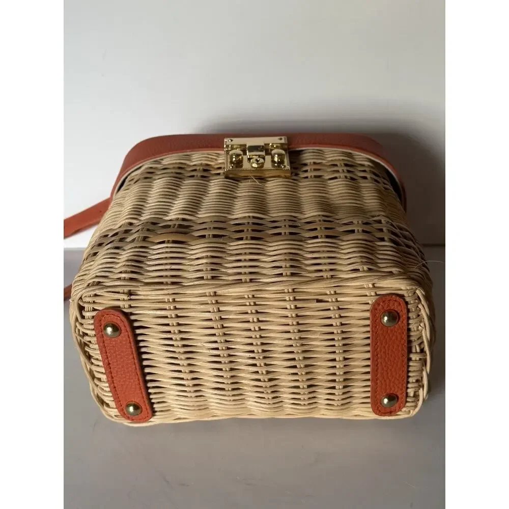 Tommy Bahama Wicker North South Shoulder Bag Orange Tan Rattan Crossbody *READ